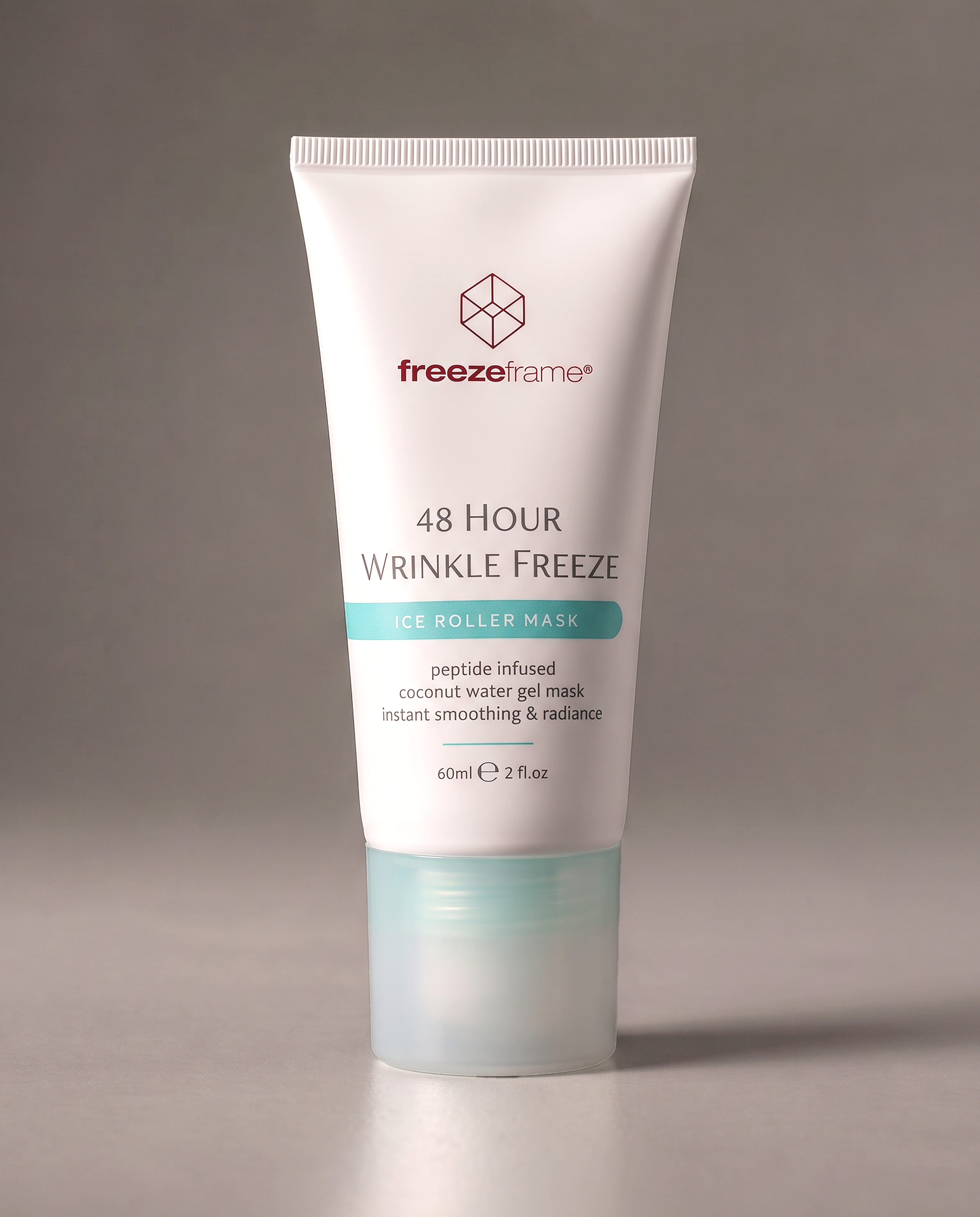 freezeframe 48 HOUR WRINKLE FREEZE 60ml peptide-infused coconut water gel face mask with ice roller applicator, designed for instant skin smoothing, hydration and a radiant-looking complexion.