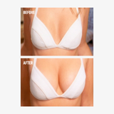 freezeframe BREAST ENHANCER before and after comparison showing a woman wearing a white bra, with visibly fuller, more lifted-looking breasts and enhanced cleavage in the after image.