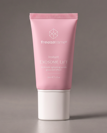 freezeframe Instant EXOSOME LIFT 30ml facial tightening serum in a pink tube, designed to visibly tighten and smooth skin in 10 minutes for a firmer, glass skin appearance.