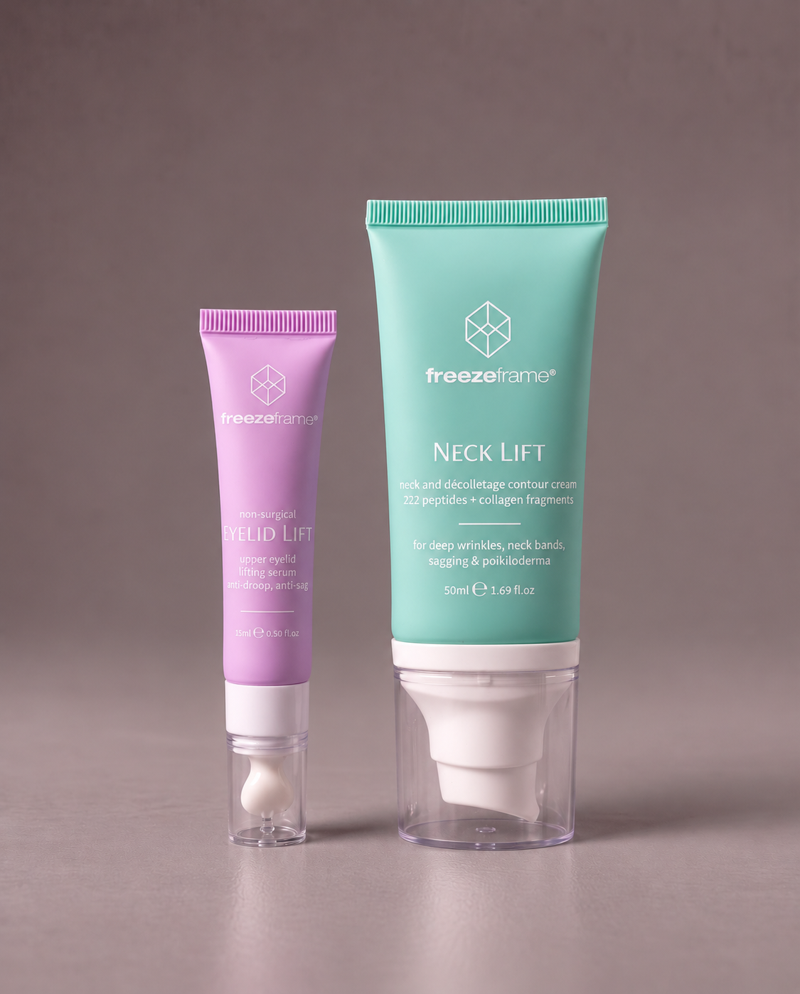freezeframe LIFTING SET featuring EYELID LIFT 15ml non-surgical upper eyelid lifting serum and NECK LIFT 50ml peptide and collagen neck firming cream, designed to target sagging eyelids, neck wrinkles and loose-looking skin.