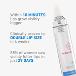freezeframe LIP INJECTION lip plumper results graphic stating visibly bigger lips within 10 minutes, clinically proven doubling of lip size in four weeks, and 88% of women seeing visibly fuller lips in 29 days.