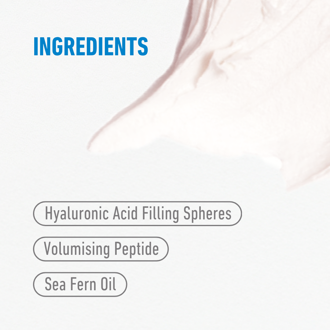freezeframe LIP INJECTION lip plumping treatment key ingredients infographic featuring hyaluronic acid filling spheres, volumising peptide and sea fern oil.