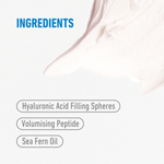 freezeframe LIP INJECTION lip plumping treatment key ingredients infographic featuring hyaluronic acid filling spheres, volumising peptide and sea fern oil.