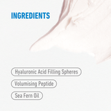 freezeframe LIP INJECTION lip plumping treatment key ingredients infographic featuring hyaluronic acid filling spheres, volumising peptide and sea fern oil.