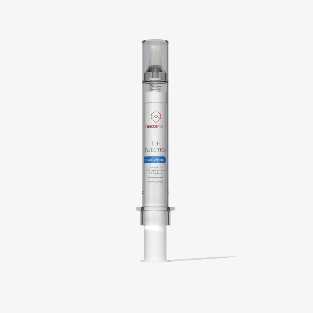freezeframe LIP INJECTION 10ml needle-free lip plumping treatment in a clear syringe-style applicator with white precision tip, designed for fuller-looking lips.