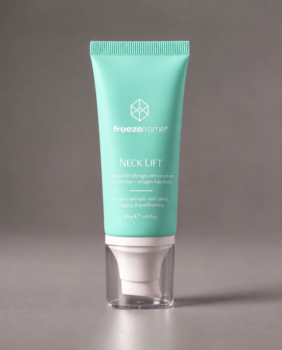 freezeframe NECK LIFT 50ml anti-ageing neck and décolletage firming cream with 222 peptides and collagen fragments, featuring a precision applicator to target neck wrinkles, sagging skin and neck lines.