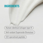 freezeframe NECK LIFT neck and décolletage cream ingredients infographic featuring human-identical type IV collagen, antioxidant superoxide dismutase and 222 specialised peptides.
