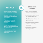 freezeframe NECK LIFT comparison infographic highlighting benefits versus other neck creams, including up to 51% fewer deep neck wrinkles, 69% reduction in chest wrinkles in seven days, 58% reduction in pigmentation in four weeks and 222 specialised peptides.