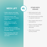freezeframe NECK LIFT comparison infographic highlighting benefits versus other neck creams, including up to 51% fewer deep neck wrinkles, 69% reduction in chest wrinkles in seven days, 58% reduction in pigmentation in four weeks and 222 specialised peptides.