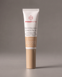 freezeframe PRO-COLLAGEN SUNCEUTICAL 30ml tinted mineral SPF 30 sunscreen with human-identical collagen fragments and vitamin C, in a white and beige tube for daily sun protection and skincare.