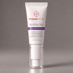 freezeframe REVITALEYES 15ml anti-ageing eye gel cream in white and purple packaging with a cooling applicator, formulated to target deep under-eye wrinkles, puffiness and dark circles.