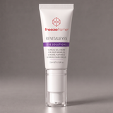 freezeframe REVITALEYES 15ml anti-ageing eye gel cream in white and purple packaging with a cooling applicator, formulated to target deep under-eye wrinkles, puffiness and dark circles.