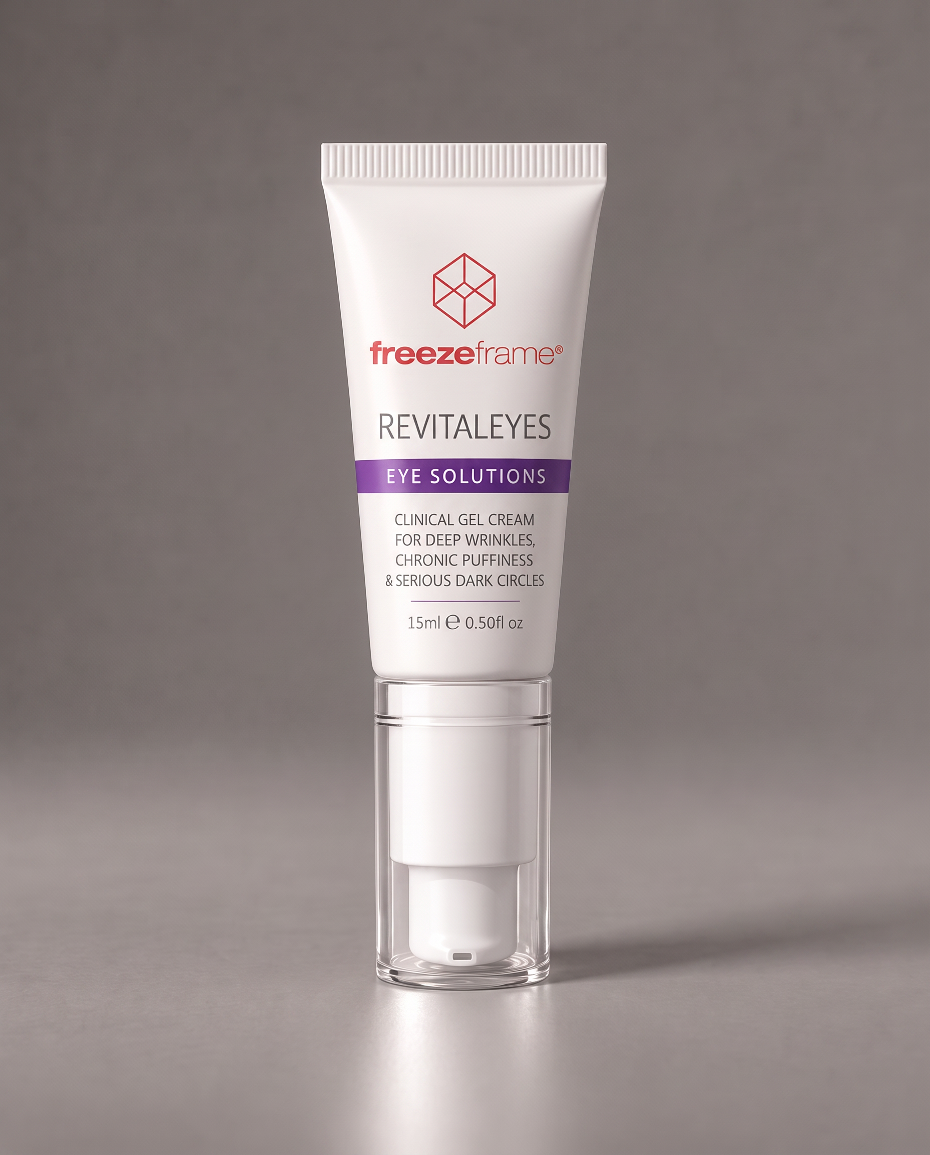 freezeframe REVITALEYES 15ml anti-ageing eye gel cream in white and purple packaging with a cooling applicator, formulated to target deep under-eye wrinkles, puffiness and dark circles.