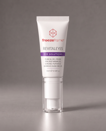 freezeframe REVITALEYES 15ml anti-ageing eye gel cream in white and purple packaging with a cooling applicator, formulated to target deep under-eye wrinkles, puffiness and dark circles.