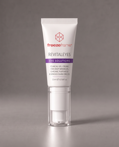 freezeframe REVITALEYES 15ml anti-ageing eye gel cream in white and purple packaging with a cooling applicator, formulated to target deep under-eye wrinkles, puffiness and dark circles.