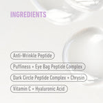 freezeframe REVITALEYES eye cream ingredients infographic featuring anti-wrinkle peptide, puffiness and eye bag peptide complex, dark circle peptide complex with chrysin, vitamin C and hyaluronic acid.