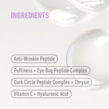 freezeframe REVITALEYES eye cream ingredients infographic featuring anti-wrinkle peptide, puffiness and eye bag peptide complex, dark circle peptide complex with chrysin, vitamin C and hyaluronic acid.