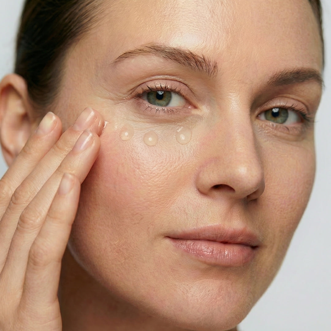 Woman gently applying freezeframe REVITALEYES eye gel cream beneath her eye, with three small drops of product visible on the under-eye area to target wrinkles, puffiness and dark circles.