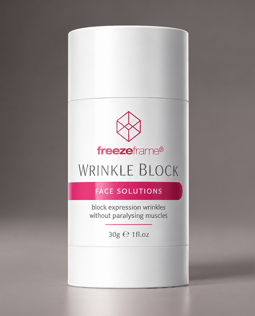 freezeframe WRINKLE BLOCK 30g anti-wrinkle face cream in white and pink packaging, designed to visibly reduce expression lines and wrinkles without paralysing facial muscles.