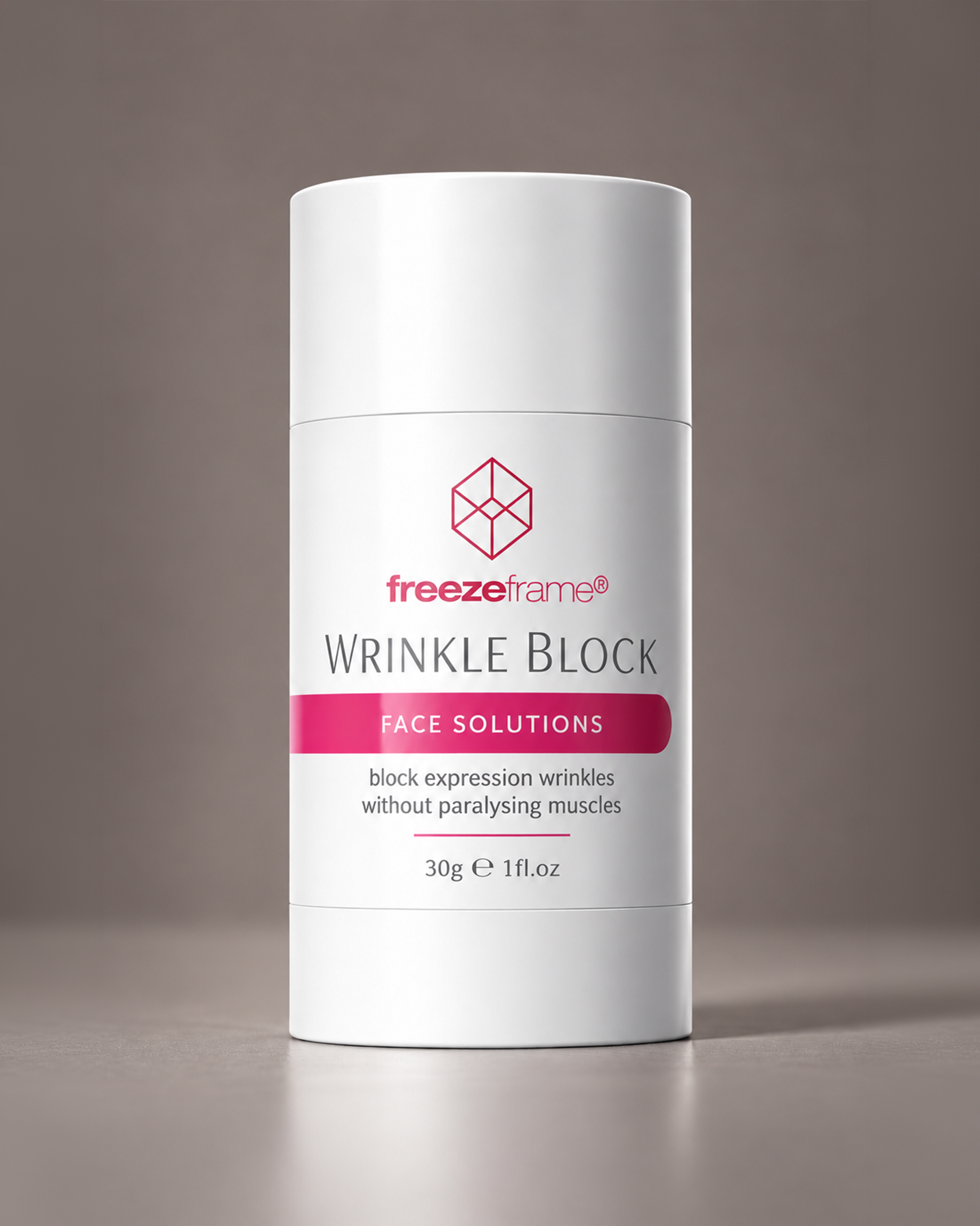 freezeframe WRINKLE BLOCK 30g anti-wrinkle face cream in white and pink packaging, designed to visibly reduce expression lines and wrinkles without paralysing facial muscles.