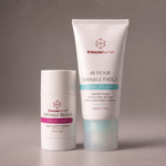 freezeframe WRINKLE FREEZE SET featuring WRINKLE BLOCK 30ml age-prevention multi-stick and 48 HOUR WRINKLE FREEZE 60ml peptide-infused coconut water gel mask for smoother, more radiant-looking skin.