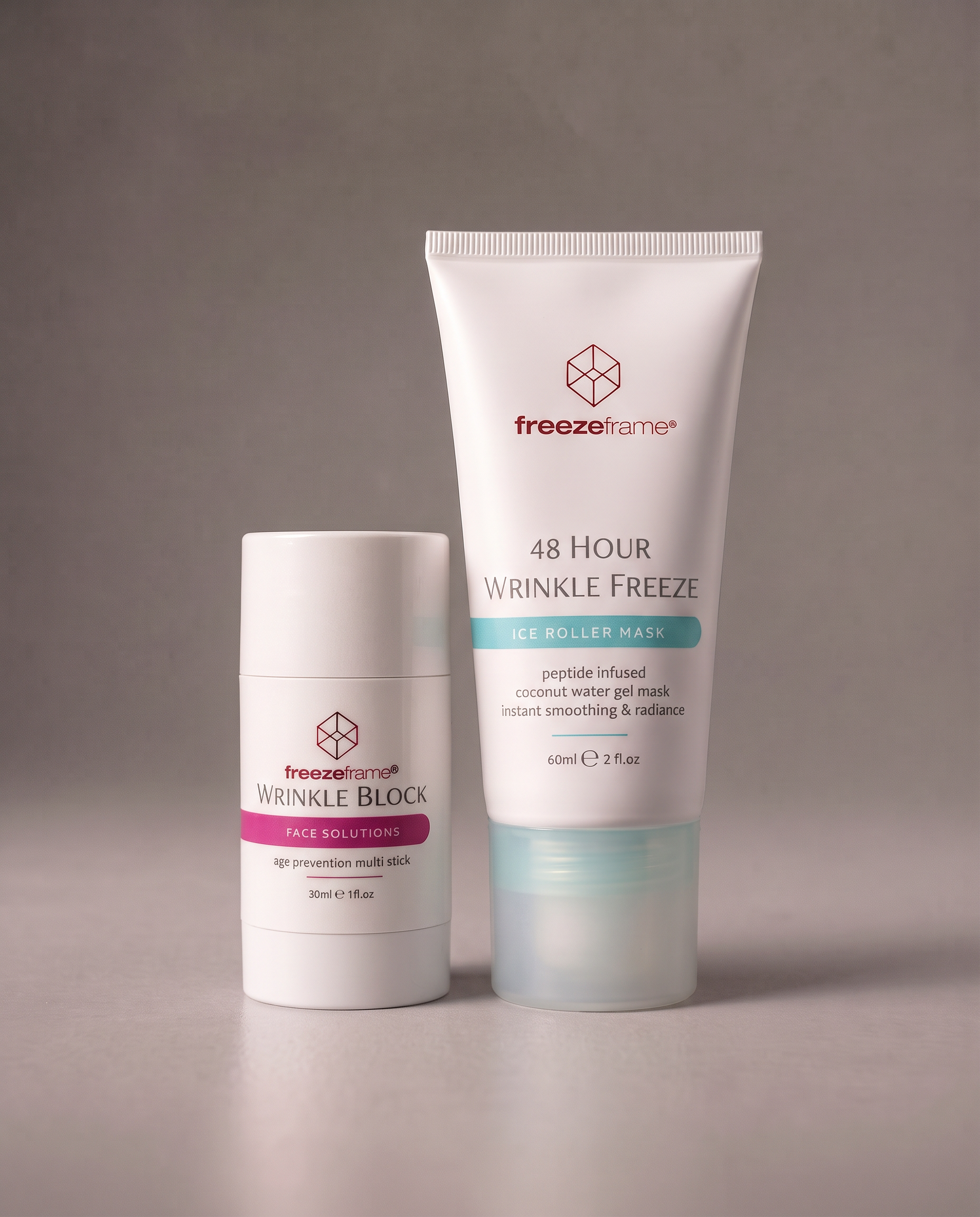 freezeframe WRINKLE FREEZE SET featuring WRINKLE BLOCK 30ml age-prevention multi-stick and 48 HOUR WRINKLE FREEZE 60ml peptide-infused coconut water gel mask for smoother, more radiant-looking skin.