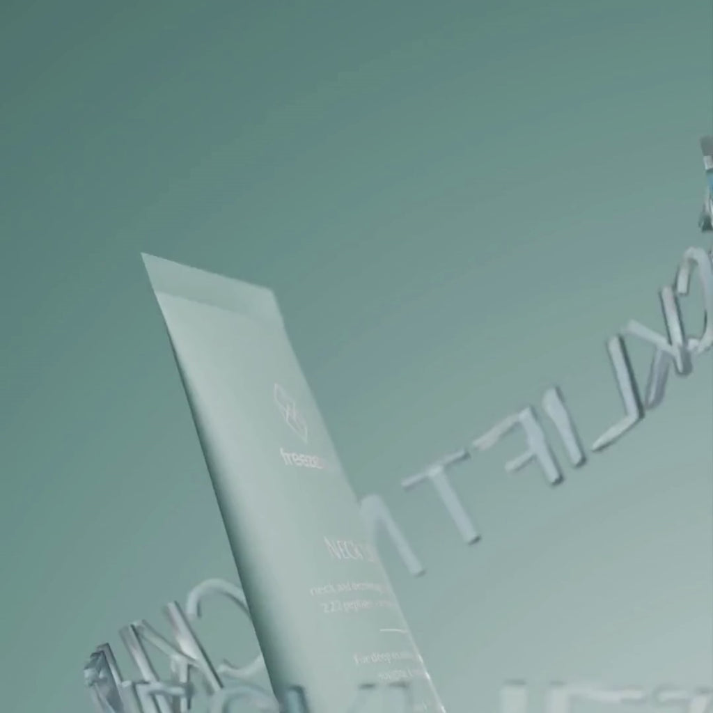 freezeframe NECK LIFT 50ml firming neck and décolletage cream featured in a product animation, highlighting the turquoise packaging and targeted anti-wrinkle neck skincare treatment.