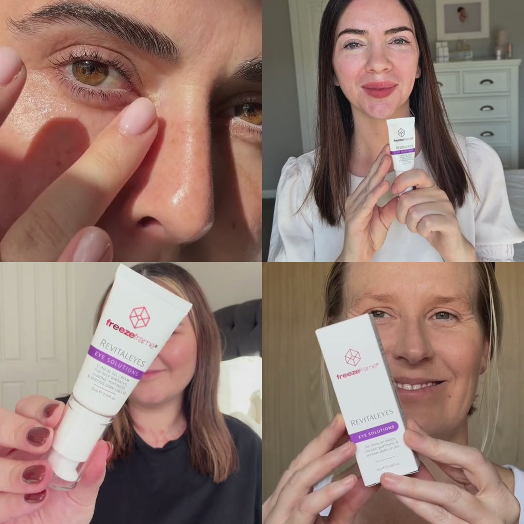 freezeframe REVITALEYES eye gel serum featured in a skincare UGC video highlighting an eye treatment for wrinkles, under-eye puffiness and dark circles.